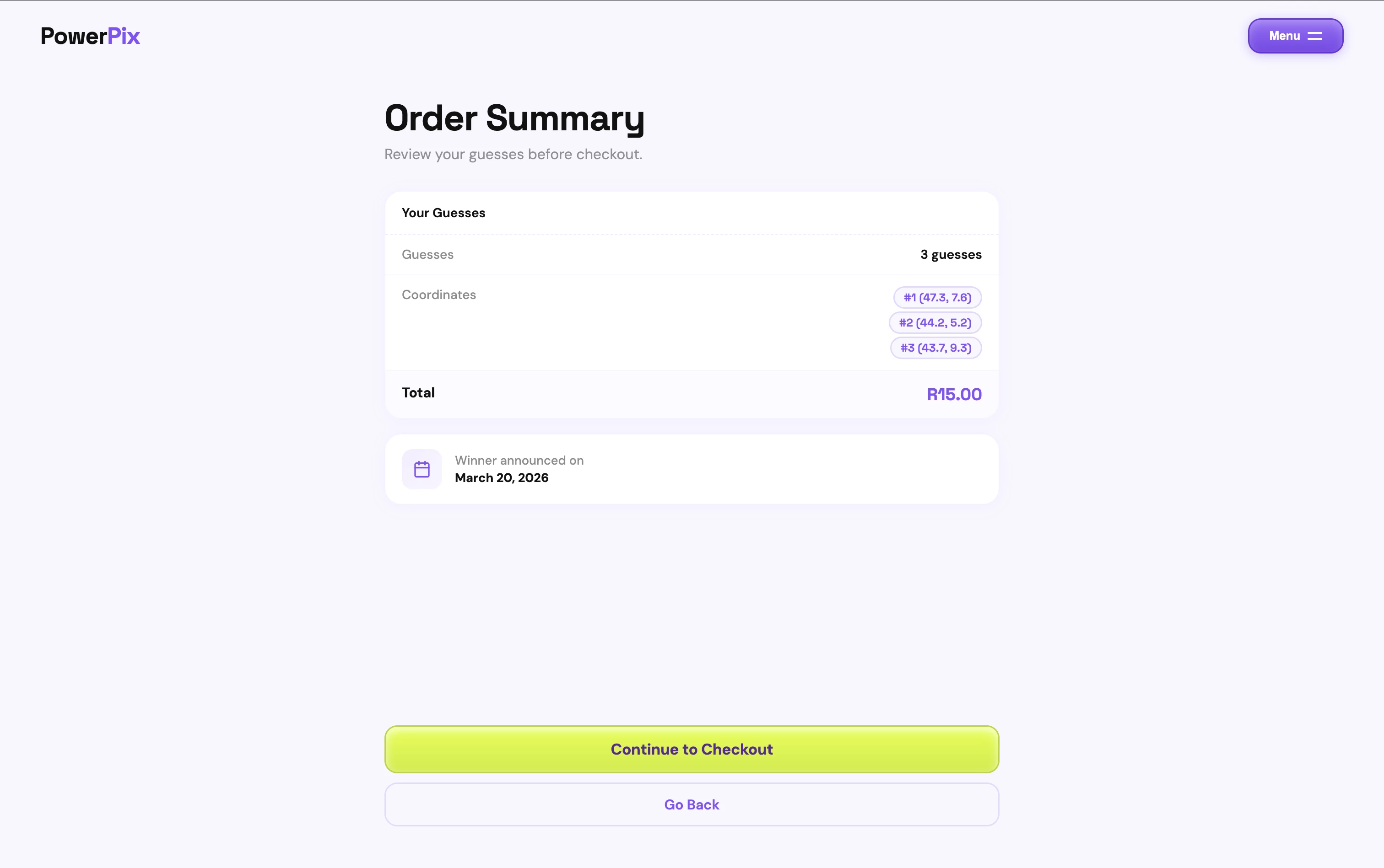 Order summary screen